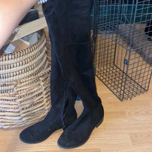 Knee high flat black velvet boots